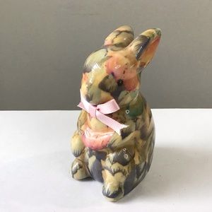 Vintage Bunny Rabbit Figurine Floral Decoupage Style Felt Bottom 3-7/8” High